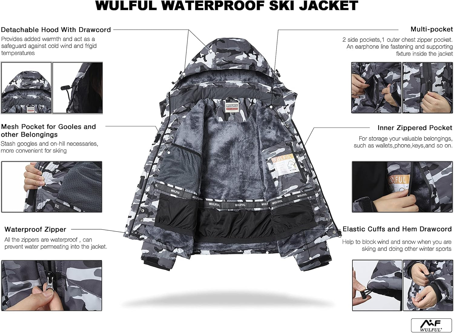 Women’S Waterproof Snow Ski Jacket Mountain Windproof Winter Coat with Detachable Hood